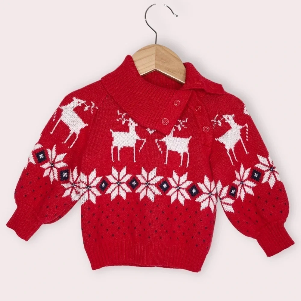 Janie and Jack fair isle‎ sweater red and white reindeer mock neck 12-18 months